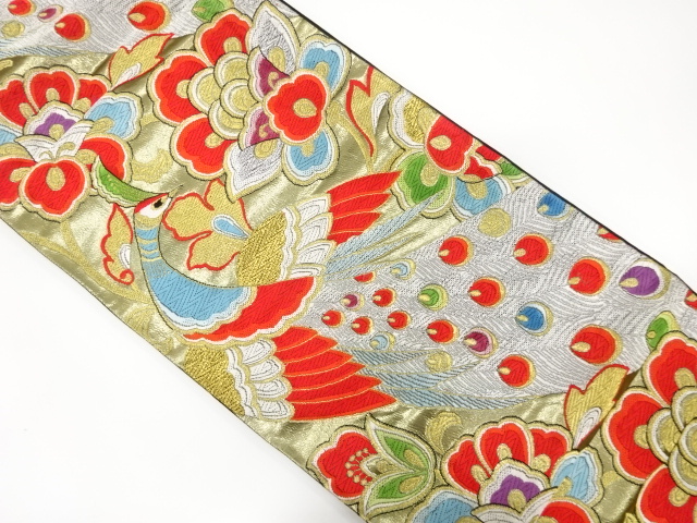 アンティーク　孔雀に唐花模様織出し袋帯（着用可）